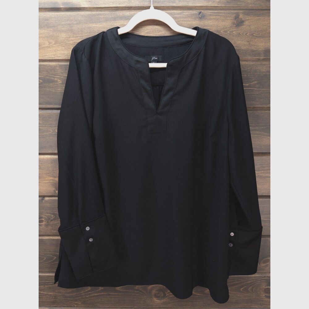 J.Crew V Neck Tunic Satin Trim Back Crepe Black Blouse XL Long Sleeve Career